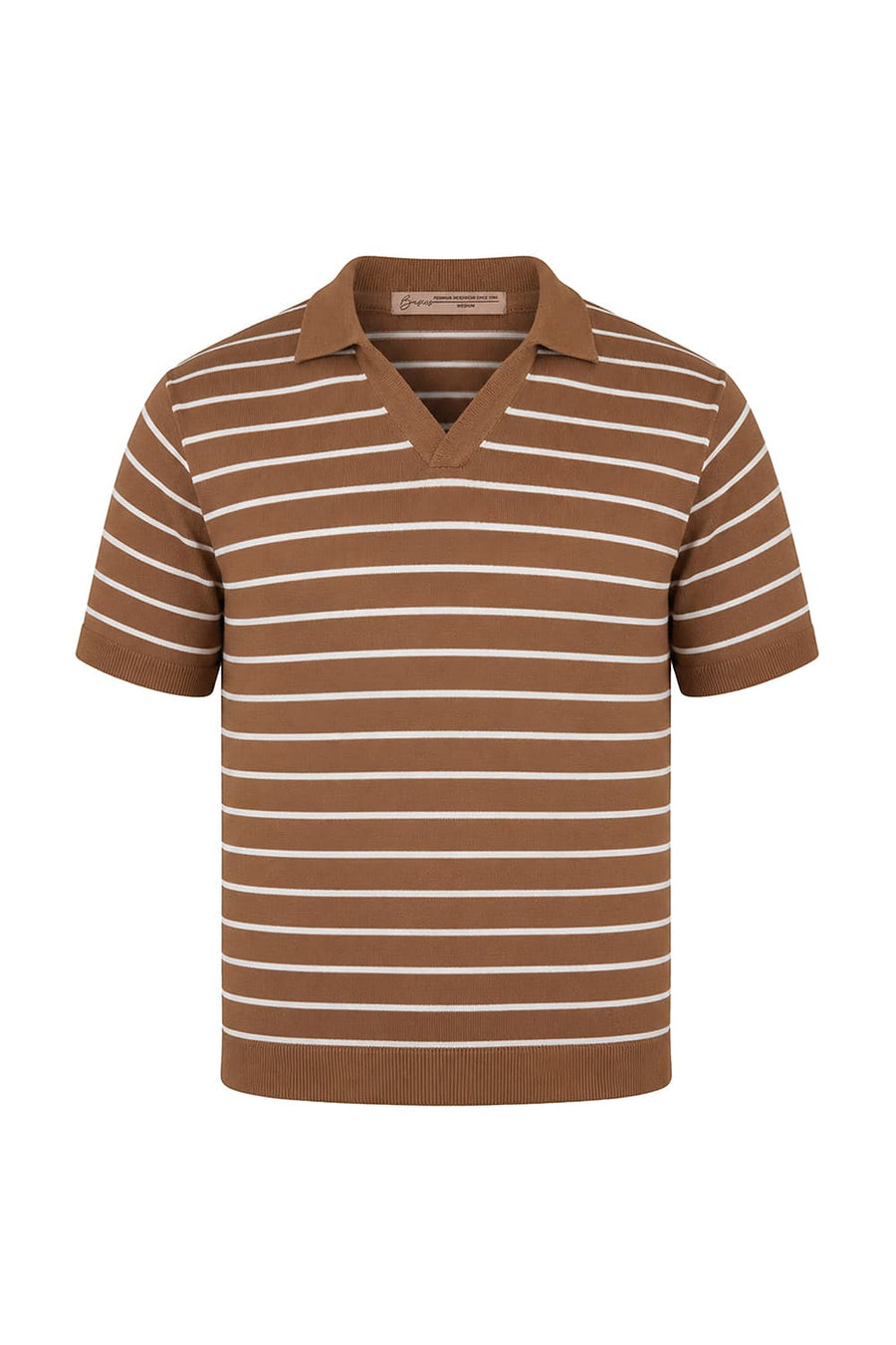 BASICS COMFORT FIT TOBACCO BROWN COTTON JOHNNY COLLAR STRIPE SWEART SHIRT