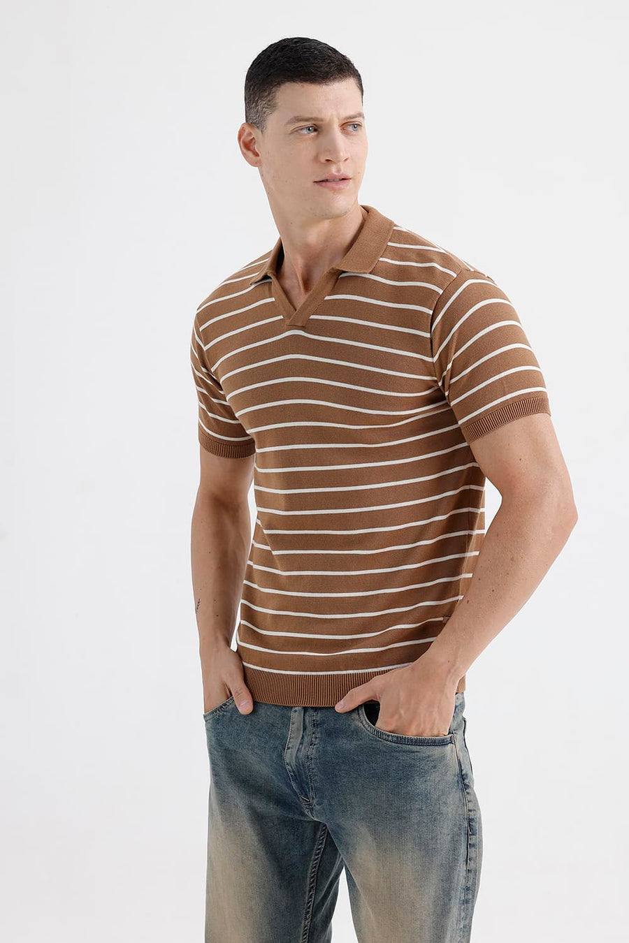 BASICS COMFORT FIT TOBACCO BROWN COTTON JOHNNY COLLAR STRIPE SWEART SHIRT