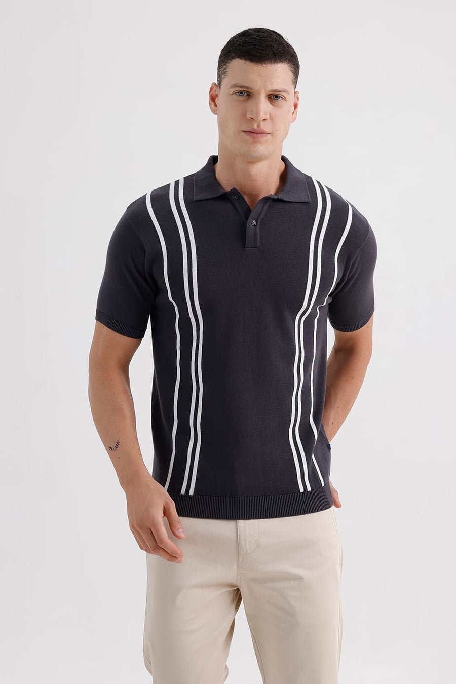 BASICS COMFORT FIT GRAYSTONE COTTON POLO VERTICAL STRIPES SWEART SHIRT