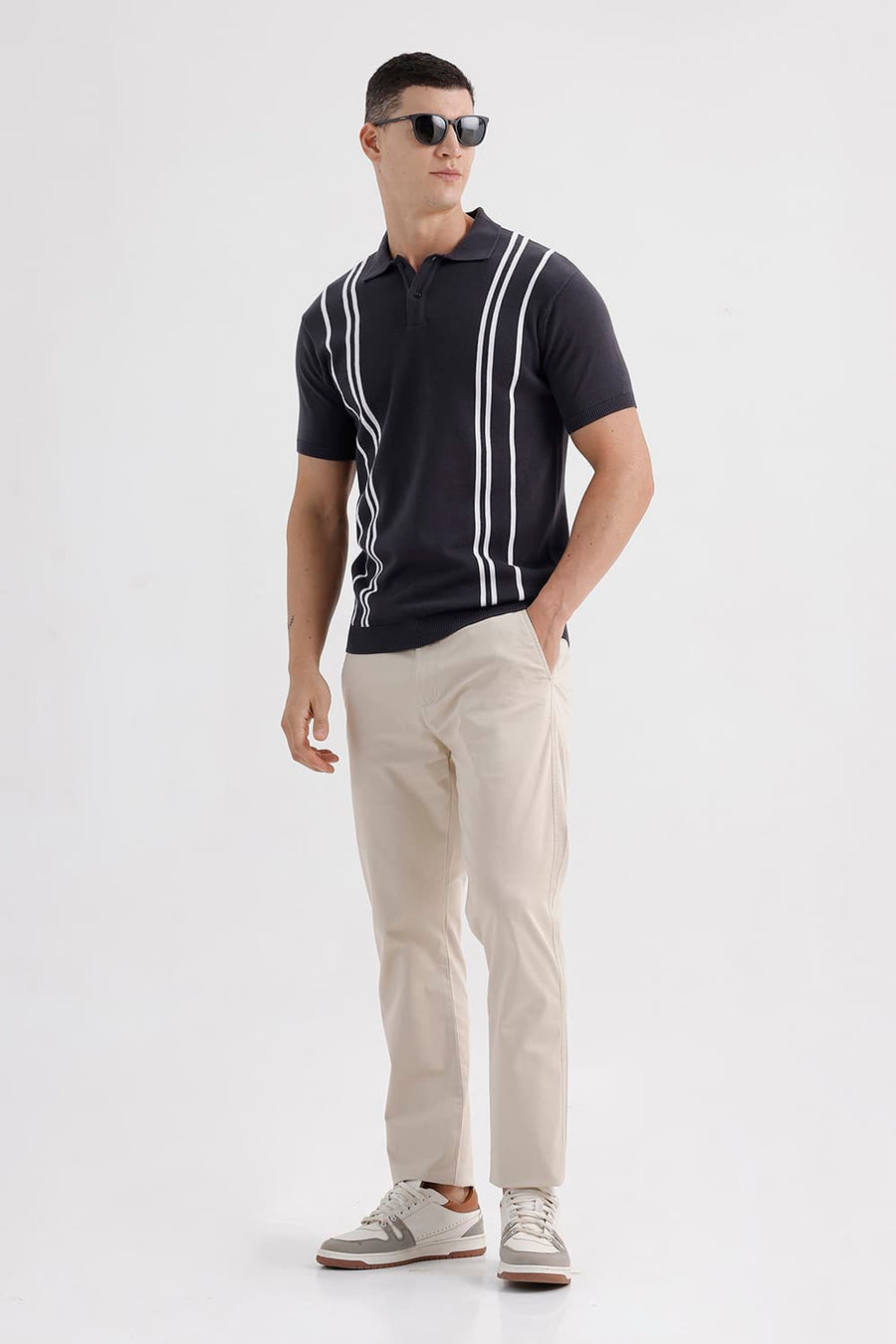 BASICS COMFORT FIT GRAYSTONE COTTON POLO VERTICAL STRIPES SWEART SHIRT