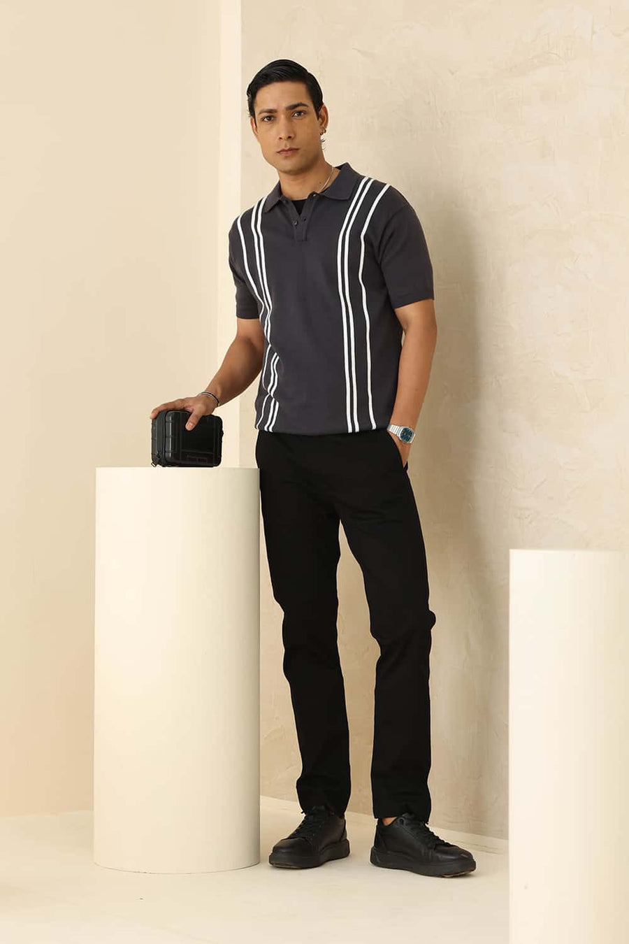 Basics Comfort Fit Graystone Cotton Polo Vertical Stripes Sweart Shirt