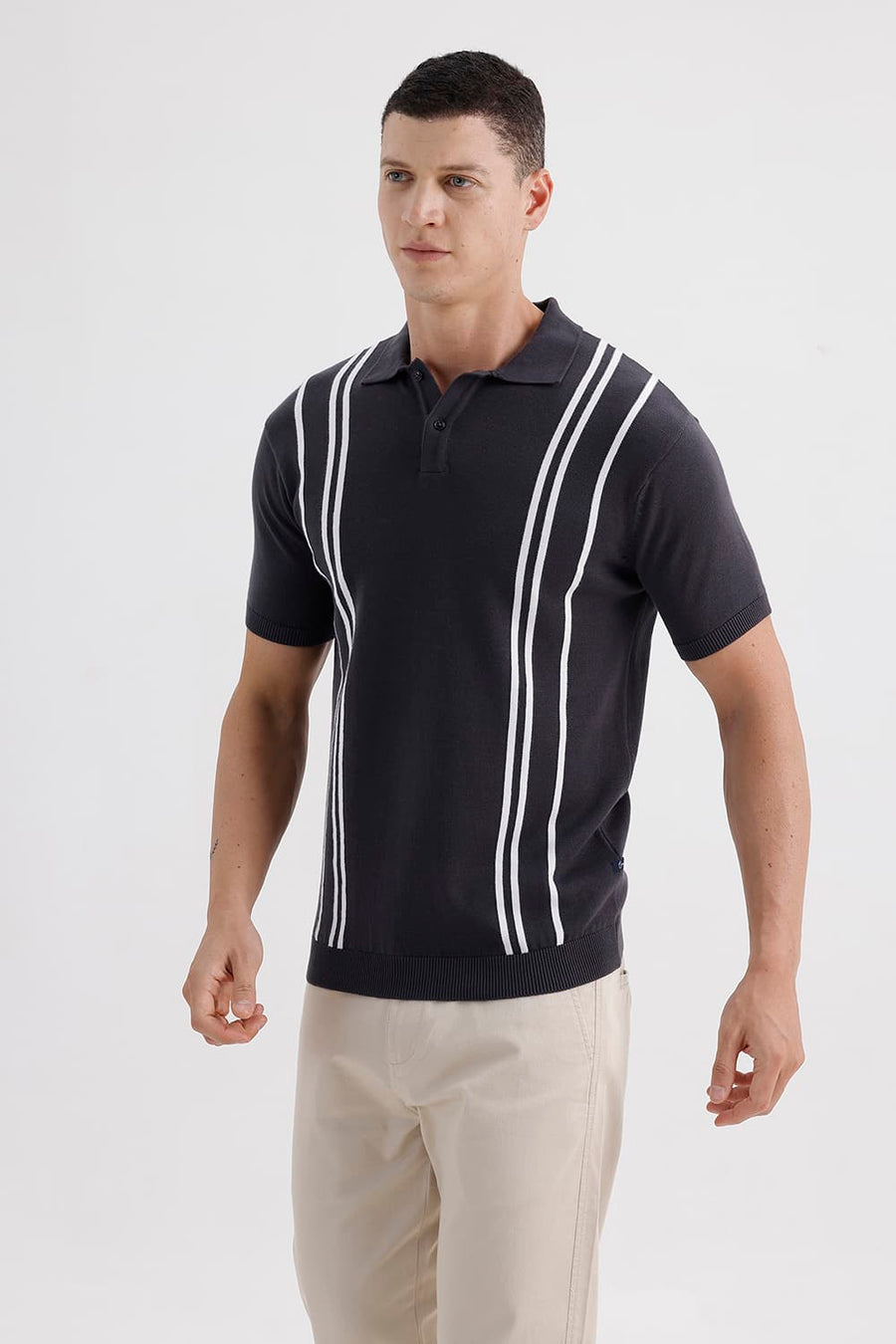 BASICS COMFORT FIT GRAYSTONE COTTON POLO VERTICAL STRIPES SWEART SHIRT