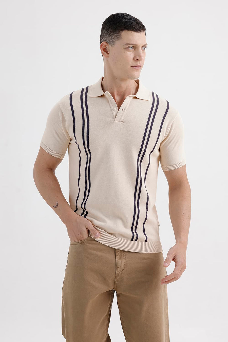 BASICS COMFORT FIT WHITECAP GRAY COTTON POLO VERTICAL STRIPES SWEART SHIRT