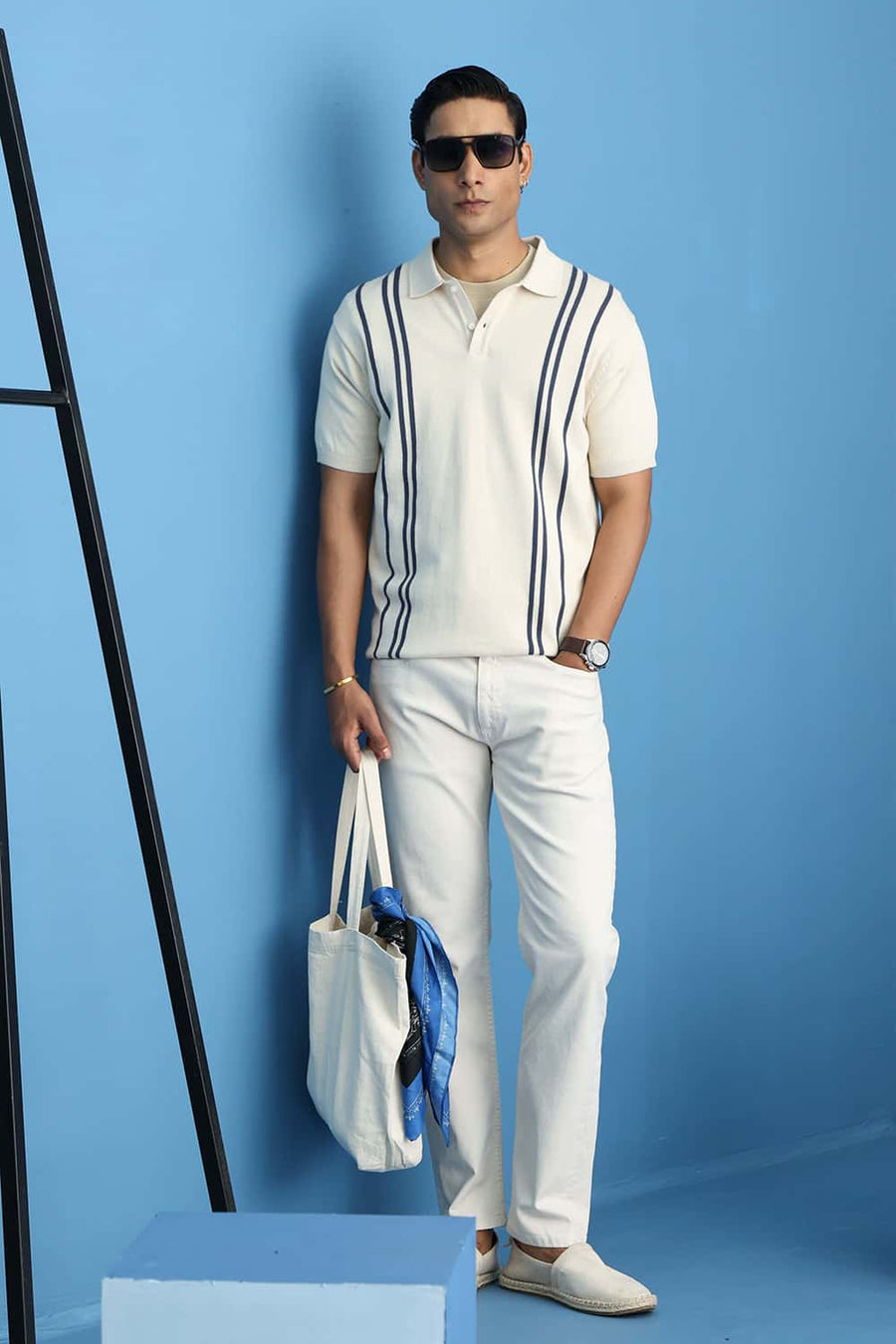 Basics Comfort Fit Whitecap Gray Cotton Polo Vertical Stripes Sweart Shirt
