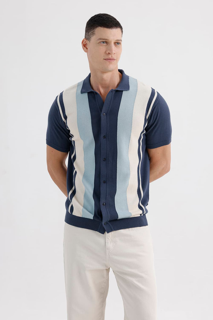 BASICS COMFORT FIT TITAN COTTON VERTICAL STRIPES SWEART SHIRT