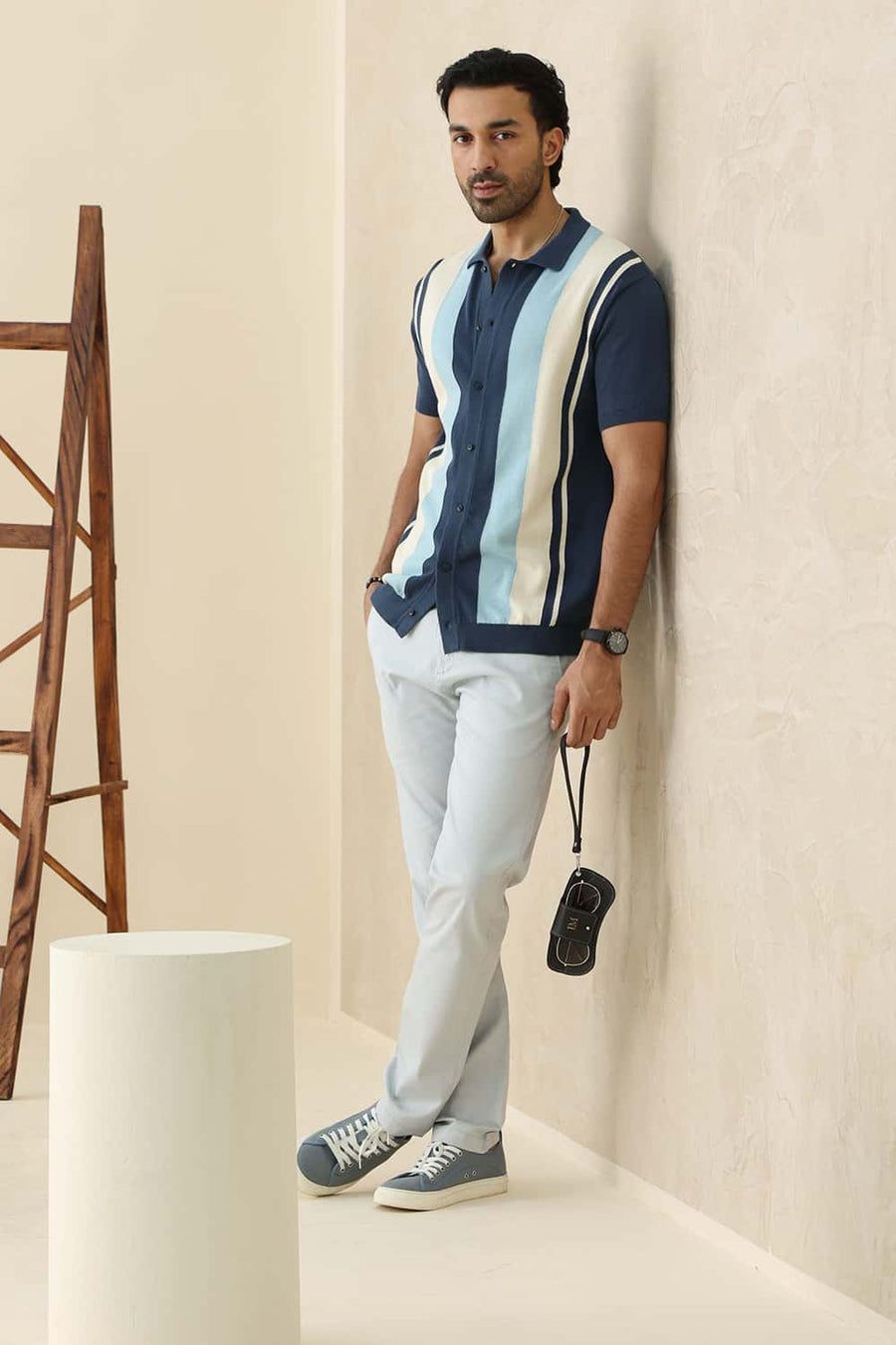 Basics Comfort Fit Titan Cotton Vertical Stripes Sweart Shirt