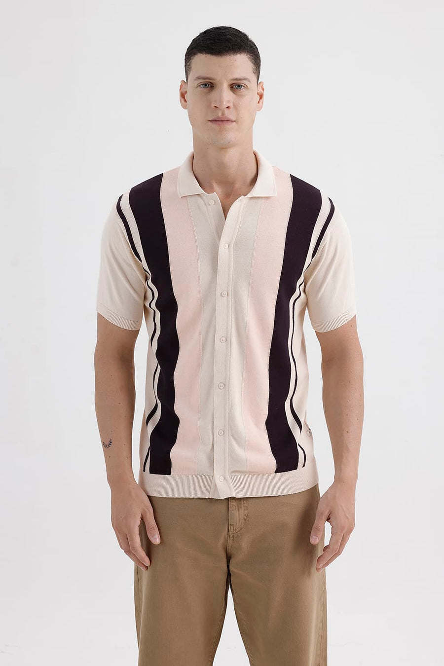 BASICS COMFORT FIT BLACK CAT COTTON VERTICAL STRIPES SWEART SHIRT