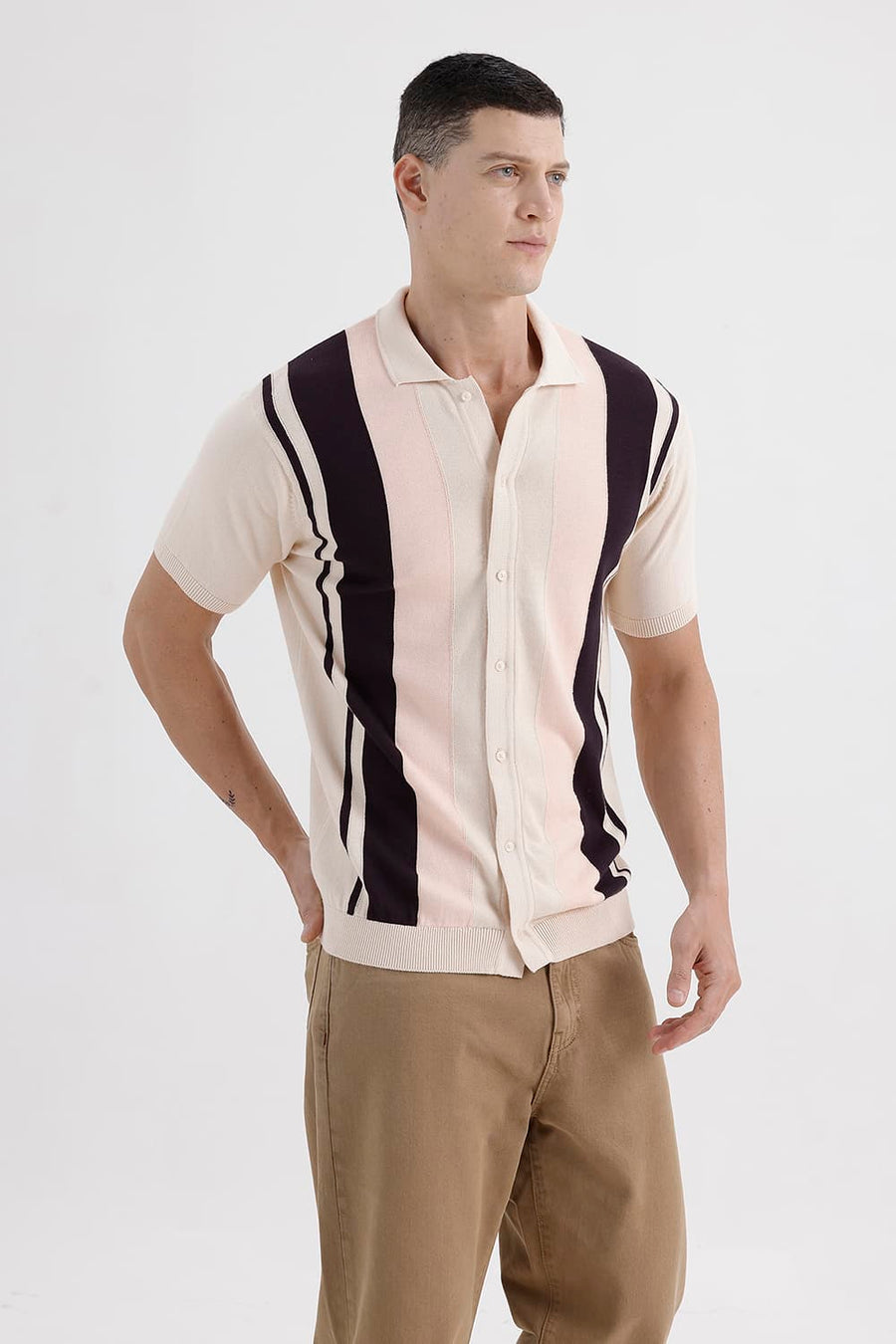 BASICS COMFORT FIT BLACK CAT COTTON VERTICAL STRIPES SWEART SHIRT