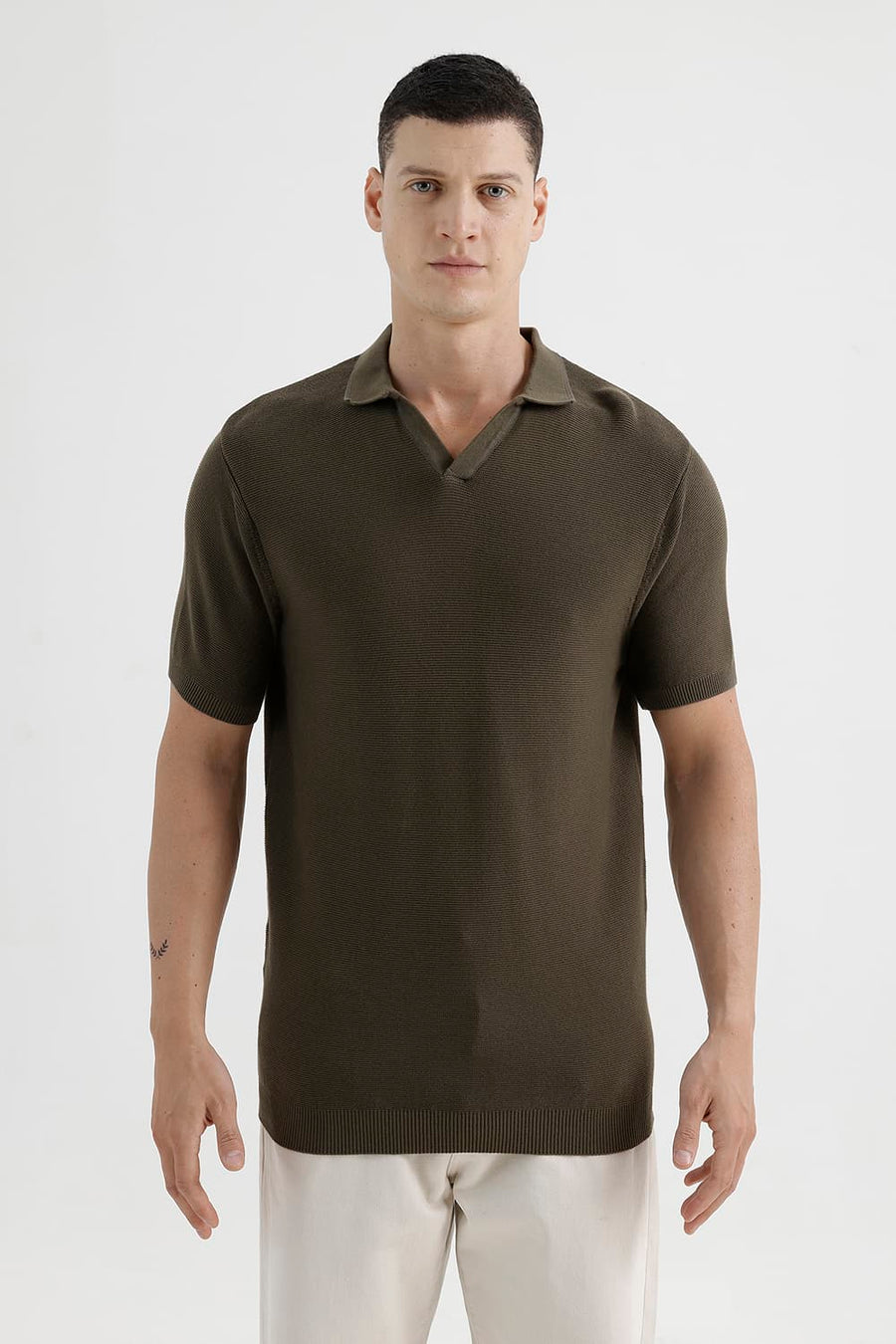 BASICS COMFORT FIT IVY GREEN COTTON JOHNNY COLLAR SWEART SHIRT