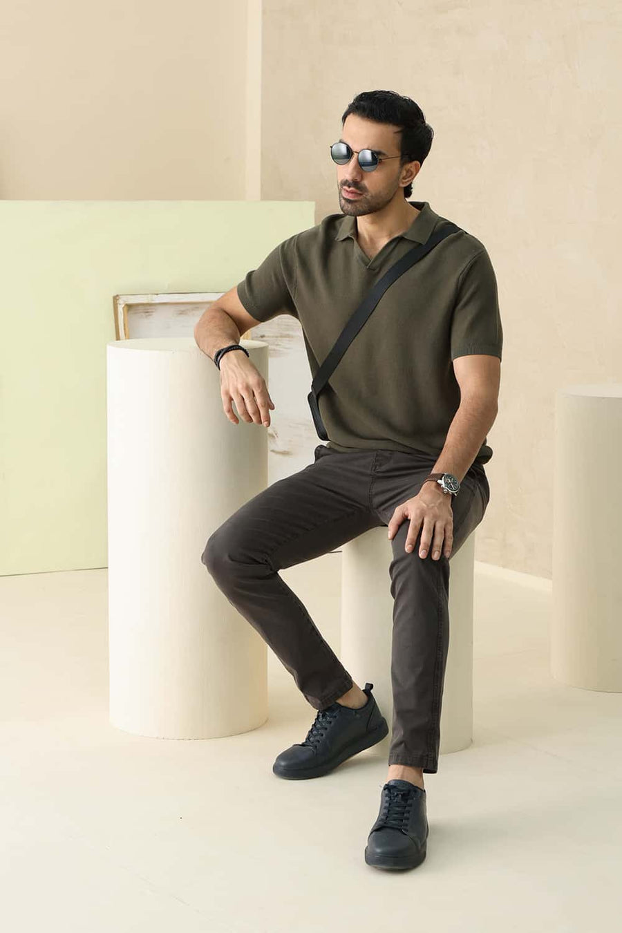 Basics Comfort Fit Ivy Green Cotton Johnny Collar Sweart Shirt