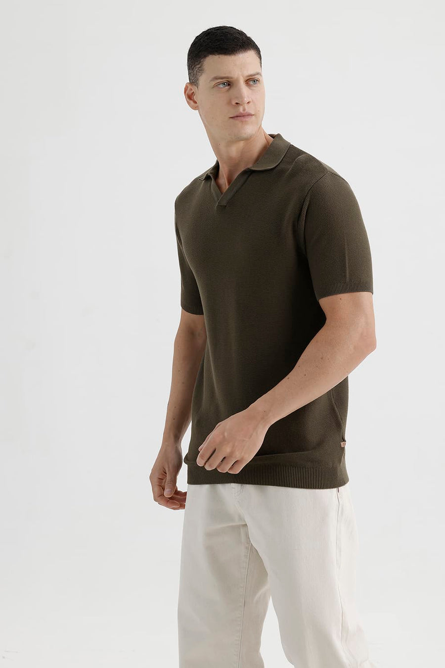 BASICS COMFORT FIT IVY GREEN COTTON JOHNNY COLLAR SWEART SHIRT