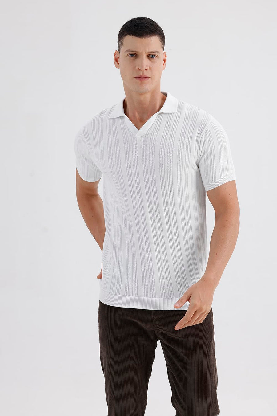 BASICS COMFORT FIT BRIGHT WHITE COTTON JOHNNY COLLAR SWEART SHIRT