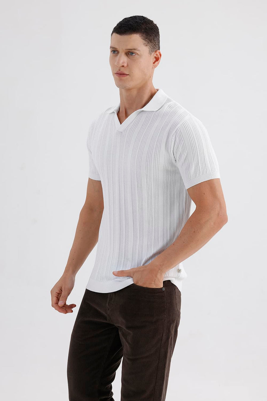 BASICS COMFORT FIT BRIGHT WHITE COTTON JOHNNY COLLAR SWEART SHIRT