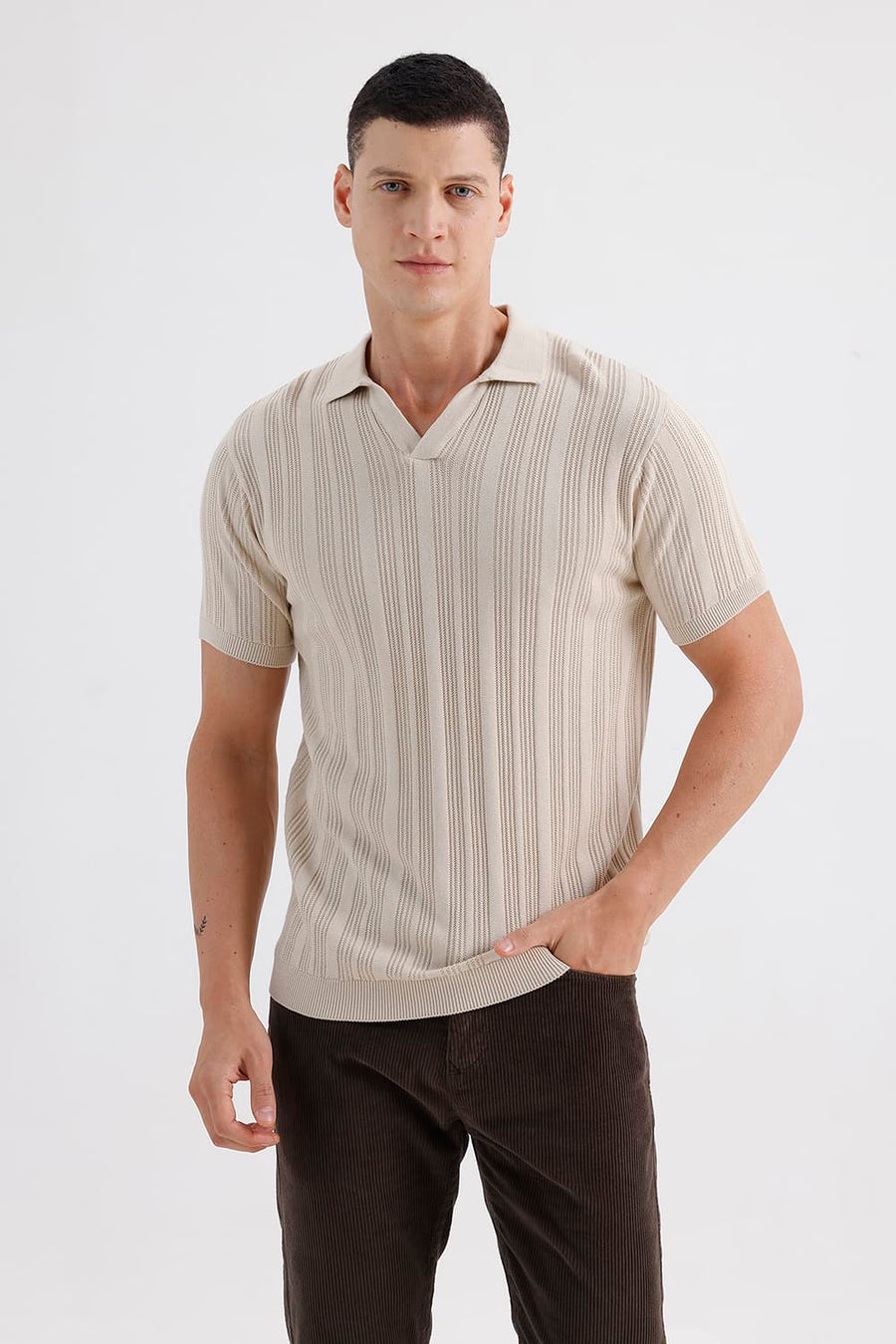 BASICS COMFORT FIT SUMMER SAND COTTON JOHNNY COLLAR SWEART SHIRT
