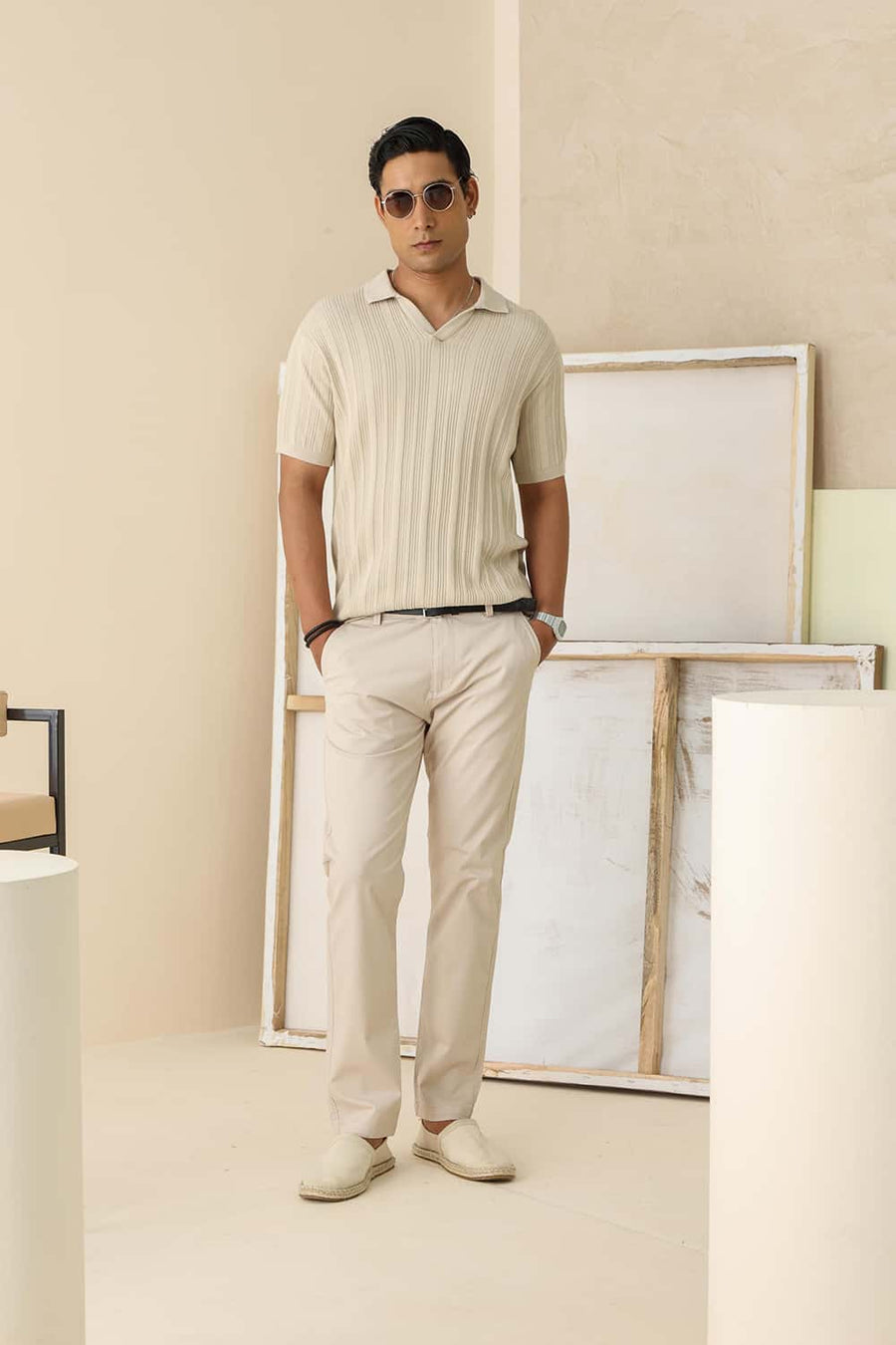 Basics Comfort Fit Summer Sand Cotton Johnny Collar Sweart Shirt