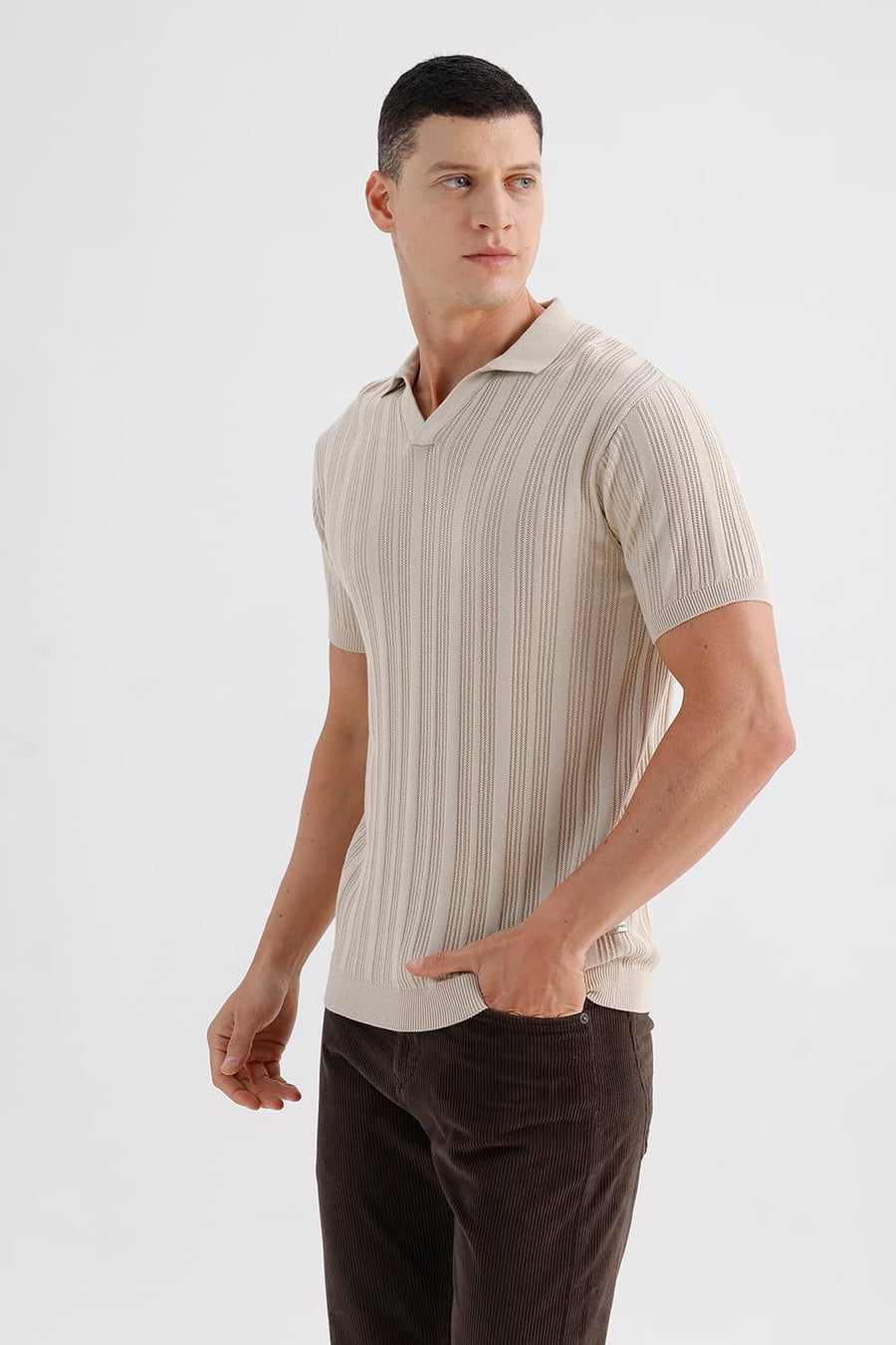 BASICS COMFORT FIT SUMMER SAND COTTON JOHNNY COLLAR SWEART SHIRT