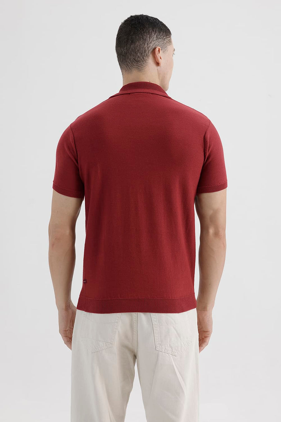 BASICS COMFORT FIT BARN RED COTTON JOHNNY COLLAR SWEART SHIRT