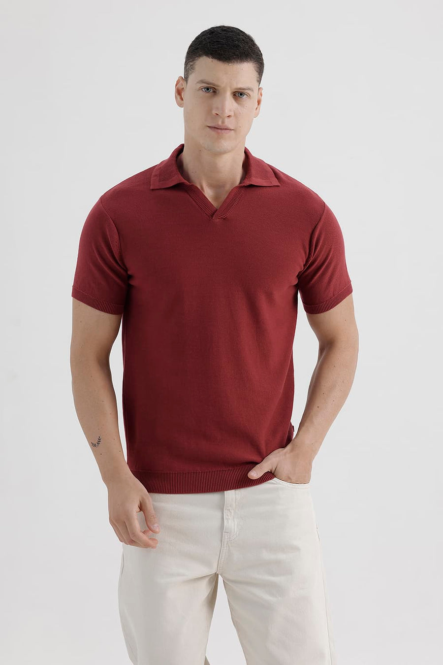 BASICS COMFORT FIT BARN RED COTTON JOHNNY COLLAR SWEART SHIRT