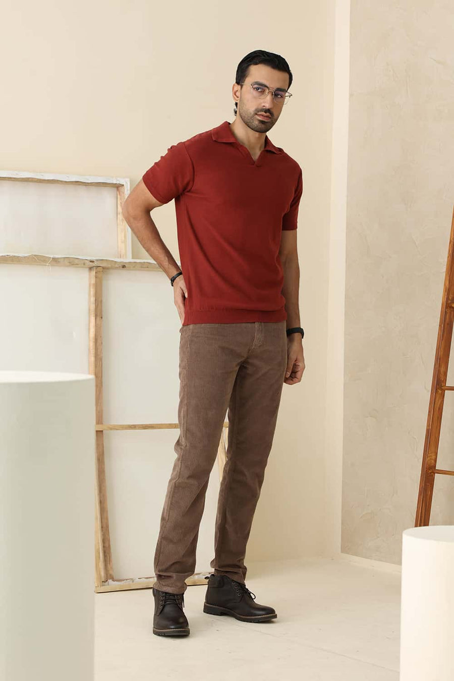 Basics Comfort Fit Barn Red Cotton Johnny Collar Sweart Shirt