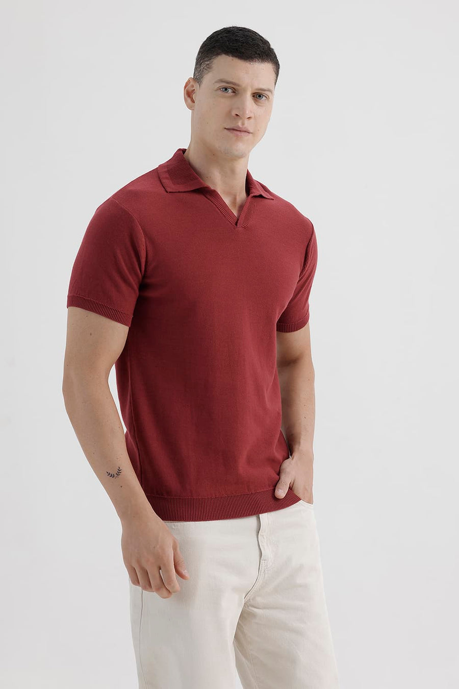 BASICS COMFORT FIT BARN RED COTTON JOHNNY COLLAR SWEART SHIRT