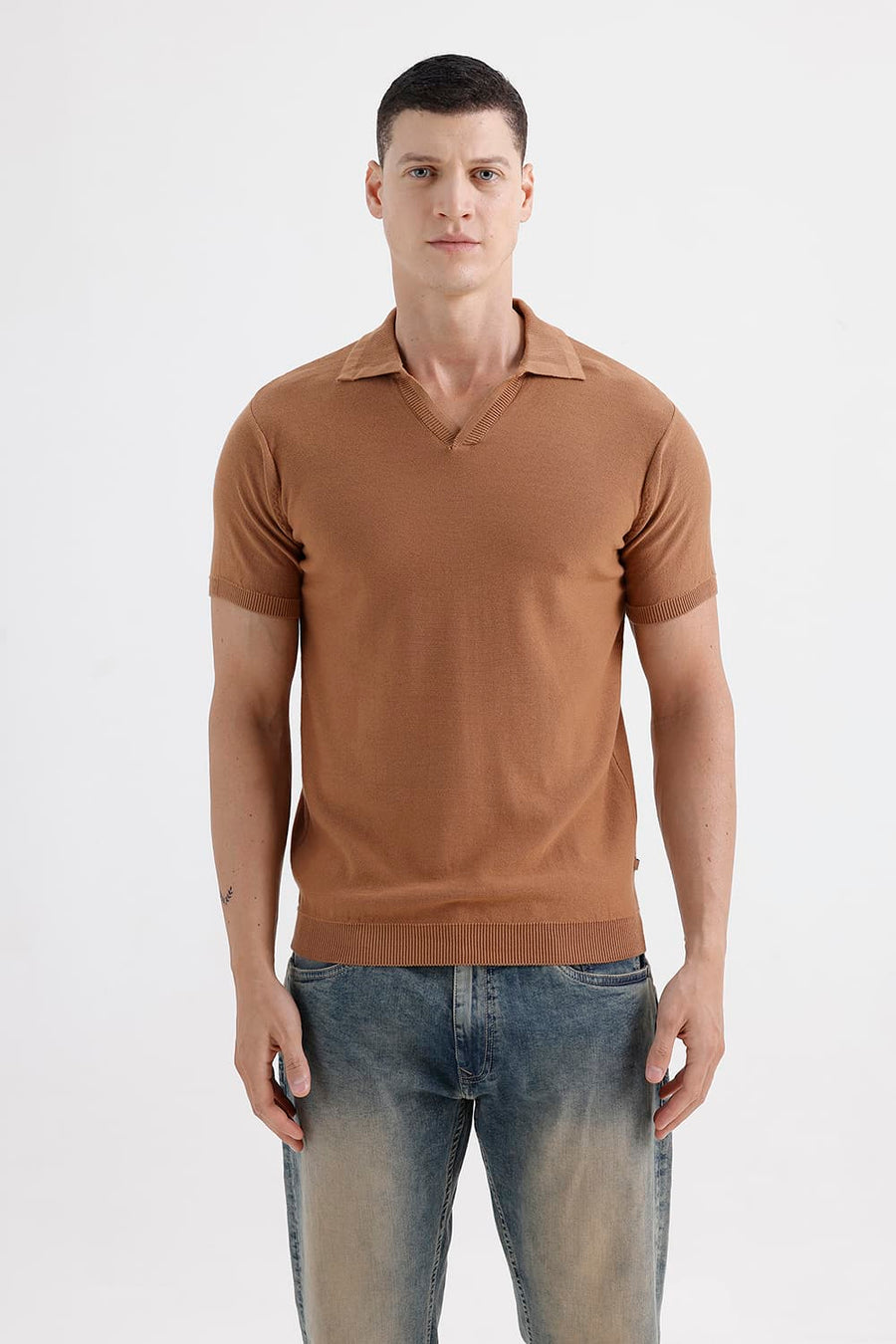 BASICS COMFORT FIT CHIPMUNK COTTON JOHNNY COLLAR SWEART SHIRT
