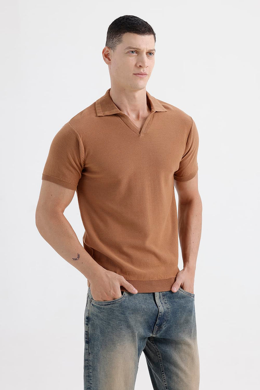 BASICS COMFORT FIT CHIPMUNK COTTON JOHNNY COLLAR SWEART SHIRT