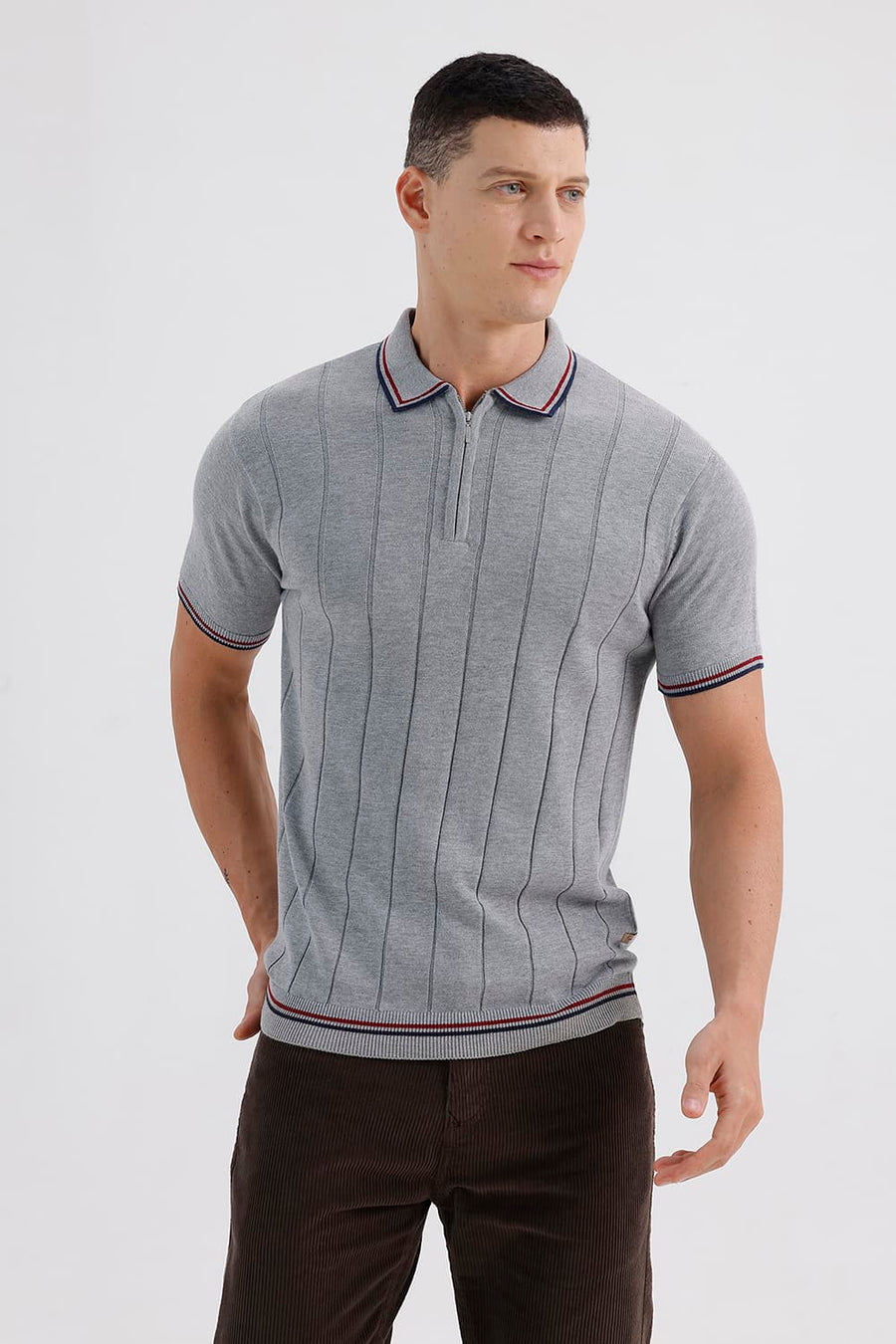 BASICS COMFORT FIT GRAY MELANGE COTTON POLO SWEART SHIRT