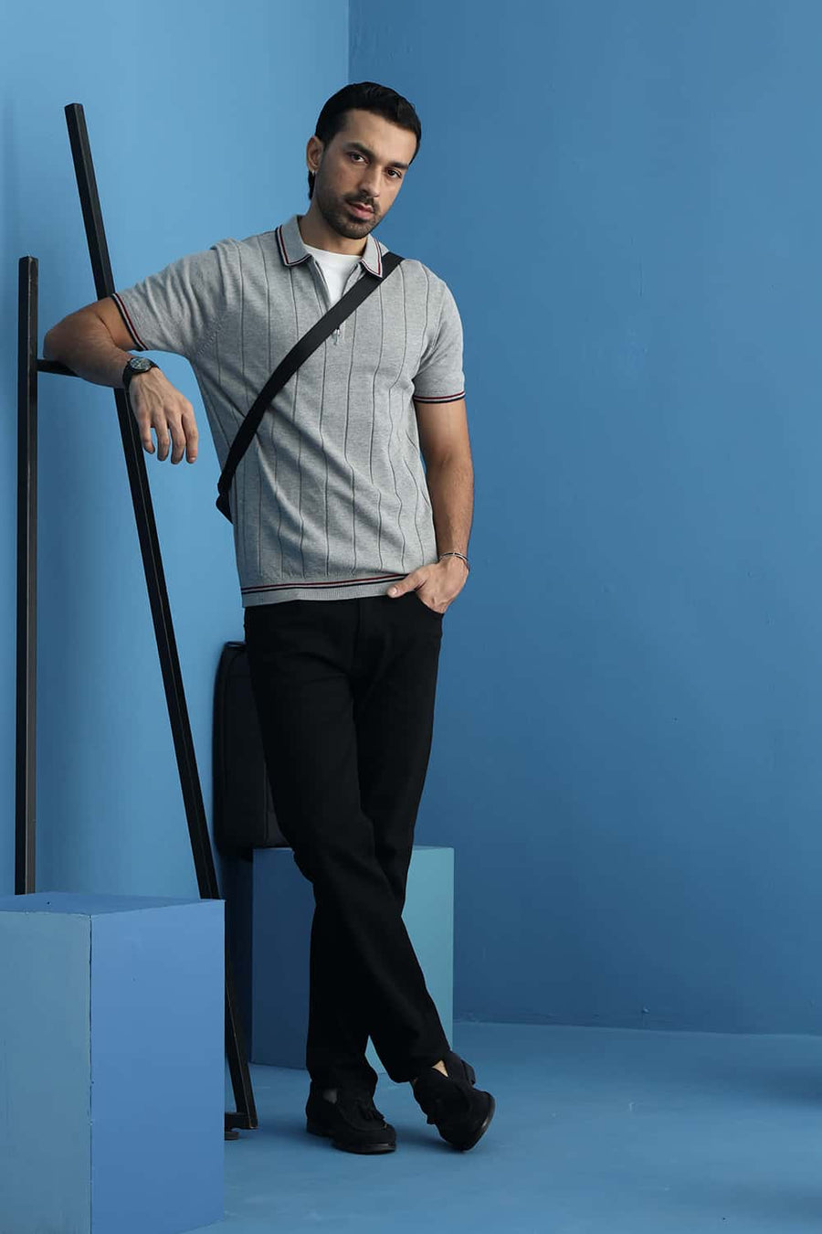 Basics Comfort Fit Gray Melange Cotton Polo Sweart Shirt