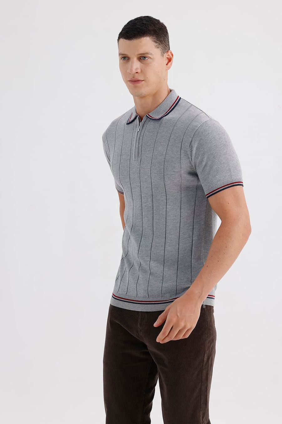 BASICS COMFORT FIT GRAY MELANGE COTTON POLO SWEART SHIRT