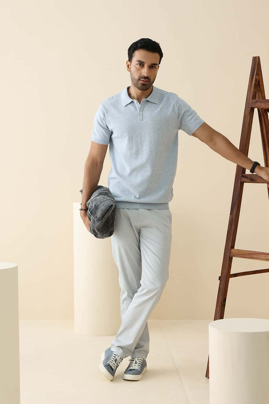 Basics Comfort Fit Blue Heather Cotton Polyester Polo Sweart Shirt