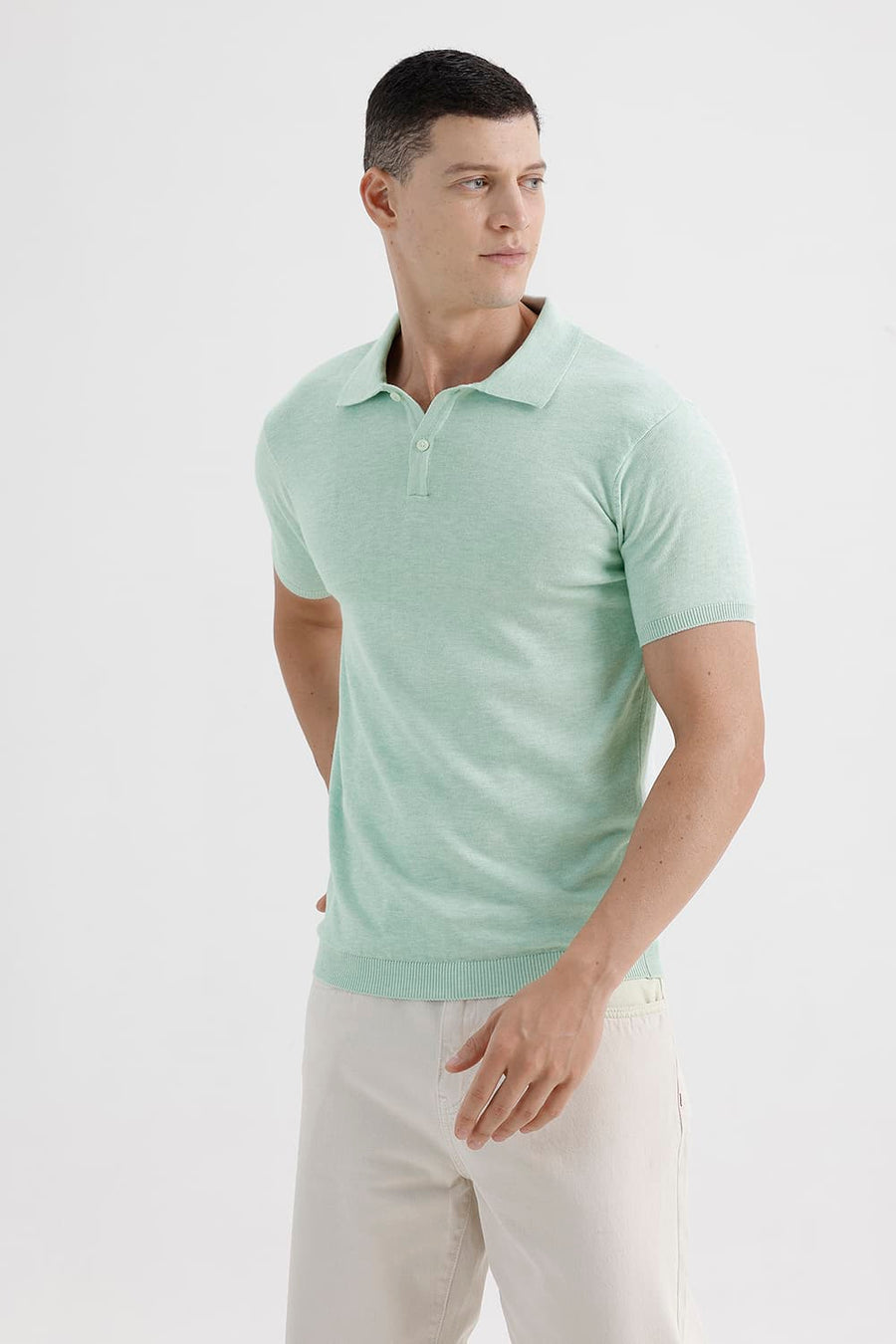 BASICS COMFORT FIT GREEN HEATHER COTTON POLYESTER POLO SWEART SHIRT