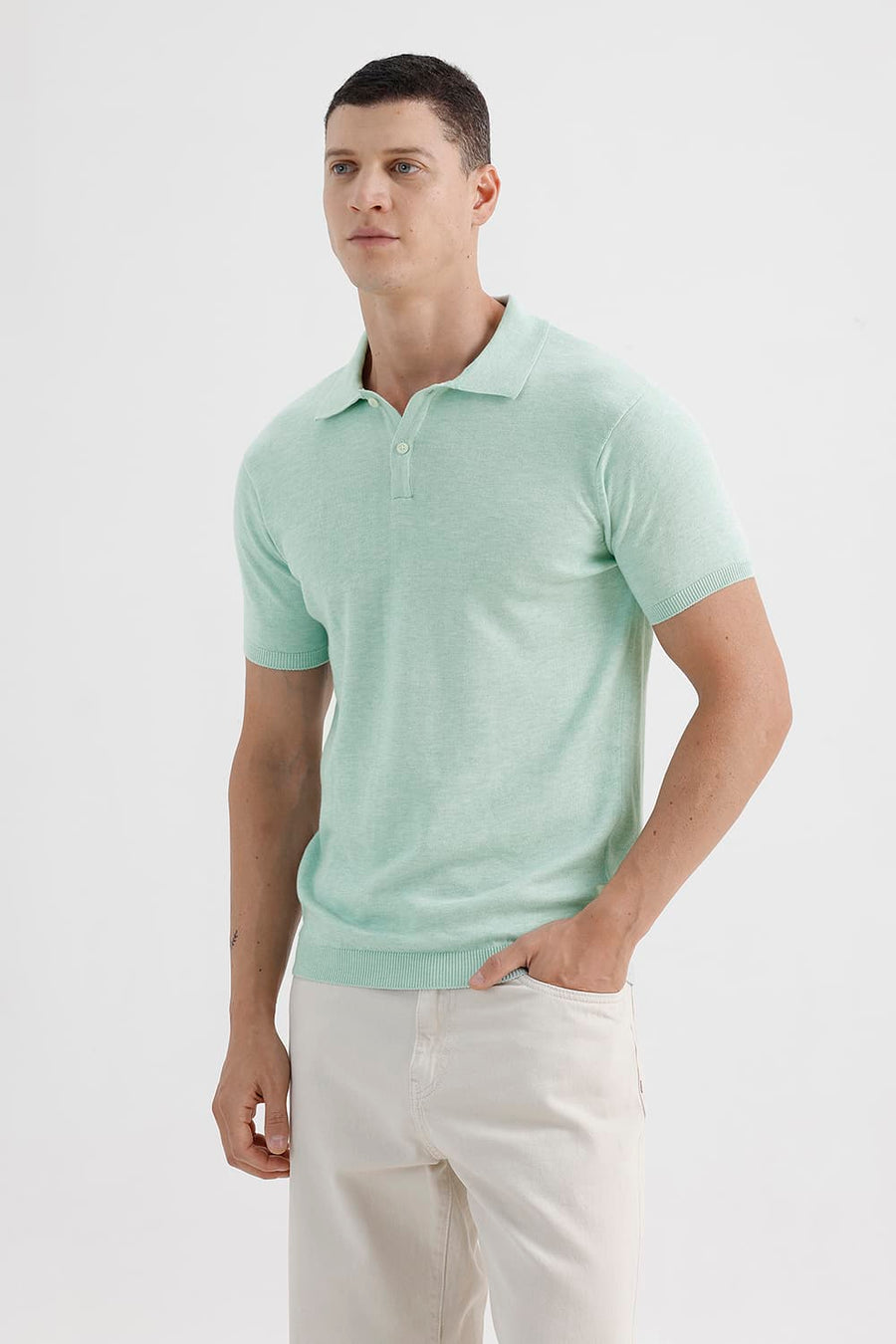 BASICS COMFORT FIT GREEN HEATHER COTTON POLYESTER POLO SWEART SHIRT