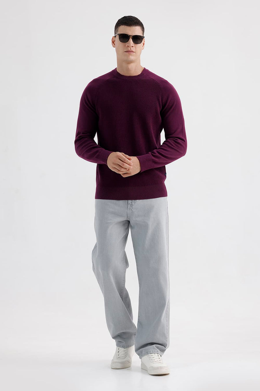 BASICS COMFORT FIT POTENT PURPLE COTTON CREW SWEART SHIRT