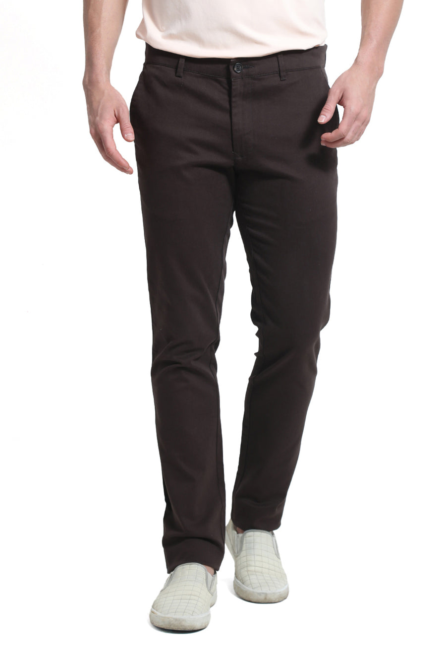 BASICS TAPERED FIT CHOCOLATE BROWN COTTON STRETCH DOBBY TROUSER