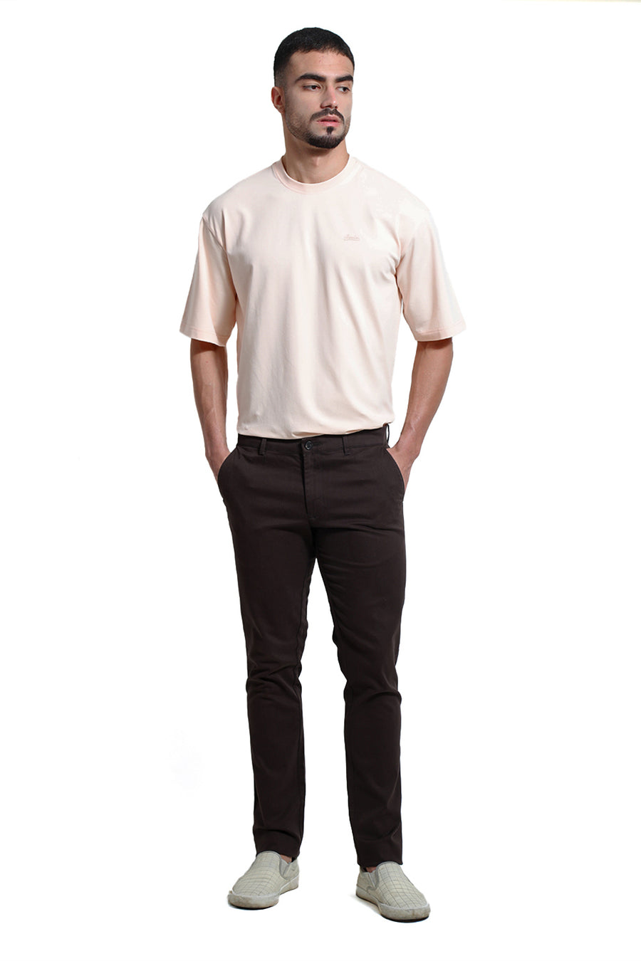 BASICS TAPERED FIT CHOCOLATE BROWN COTTON STRETCH DOBBY TROUSER