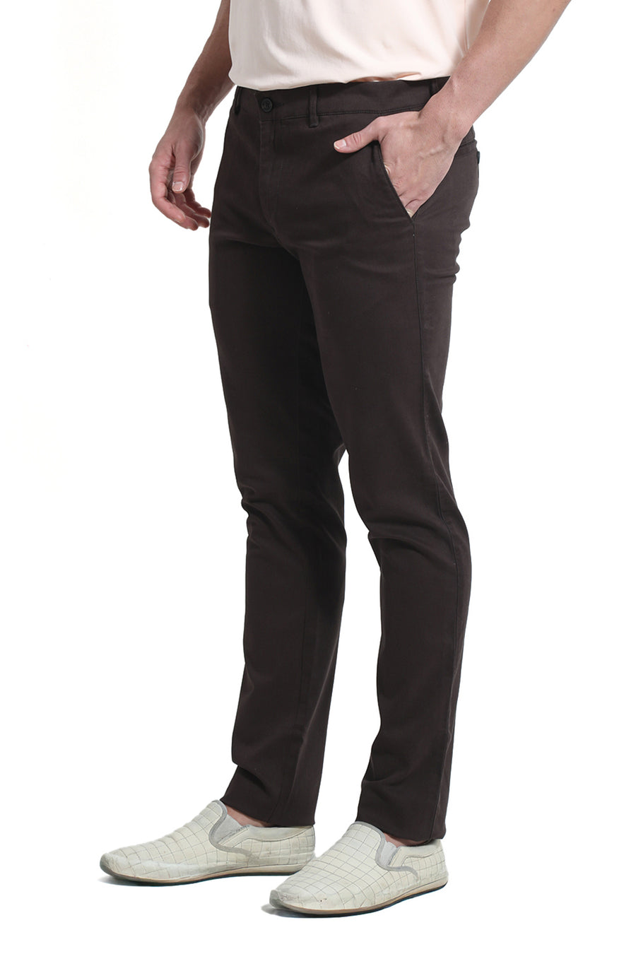 BASICS TAPERED FIT CHOCOLATE BROWN COTTON STRETCH DOBBY TROUSER