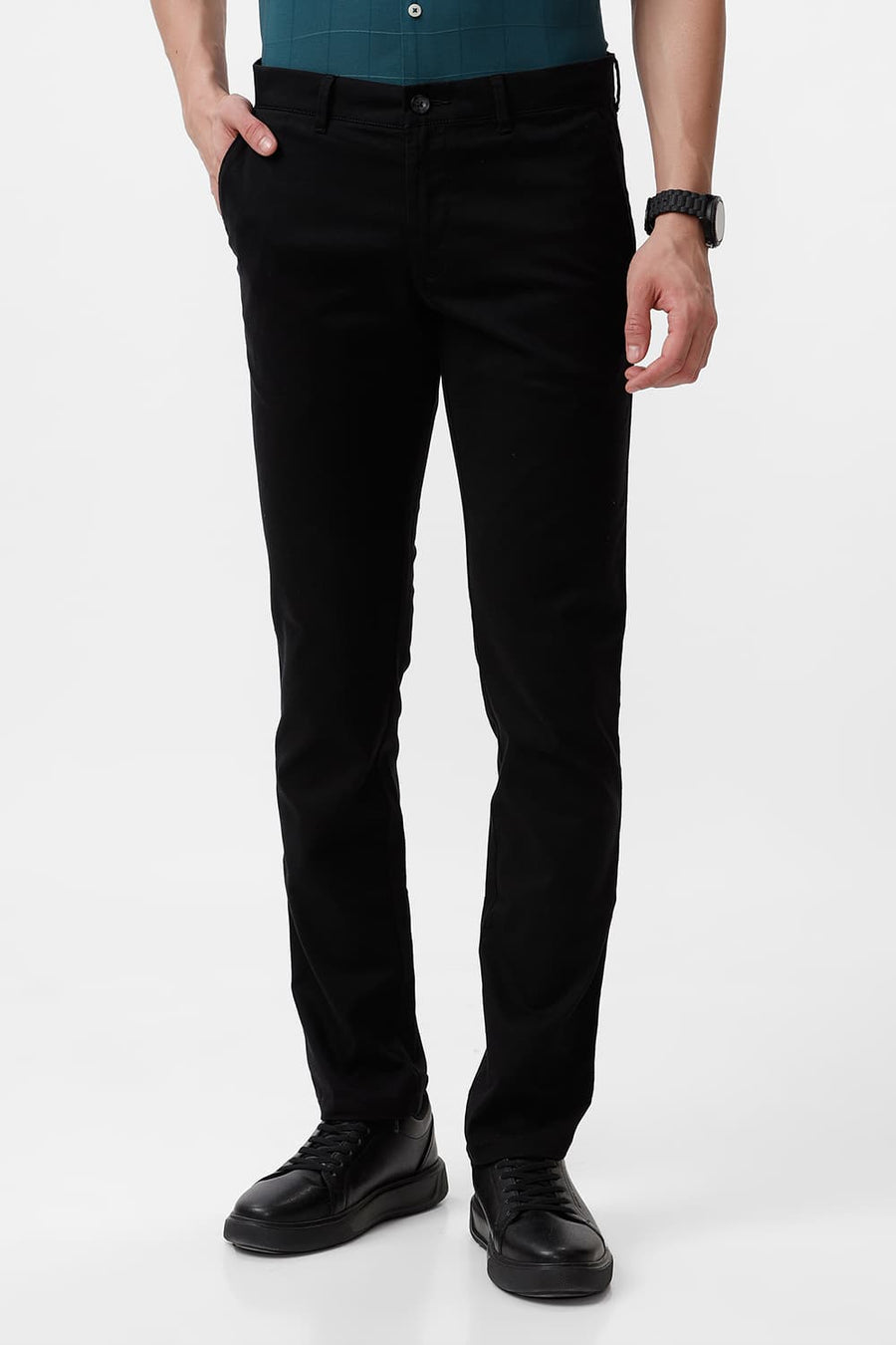 BASICS TAPERED FIT PHANTOM BLACK COTTON STRETCH DOBBY TROUSER