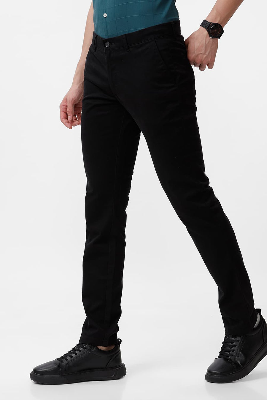 BASICS TAPERED FIT PHANTOM BLACK COTTON STRETCH DOBBY TROUSER