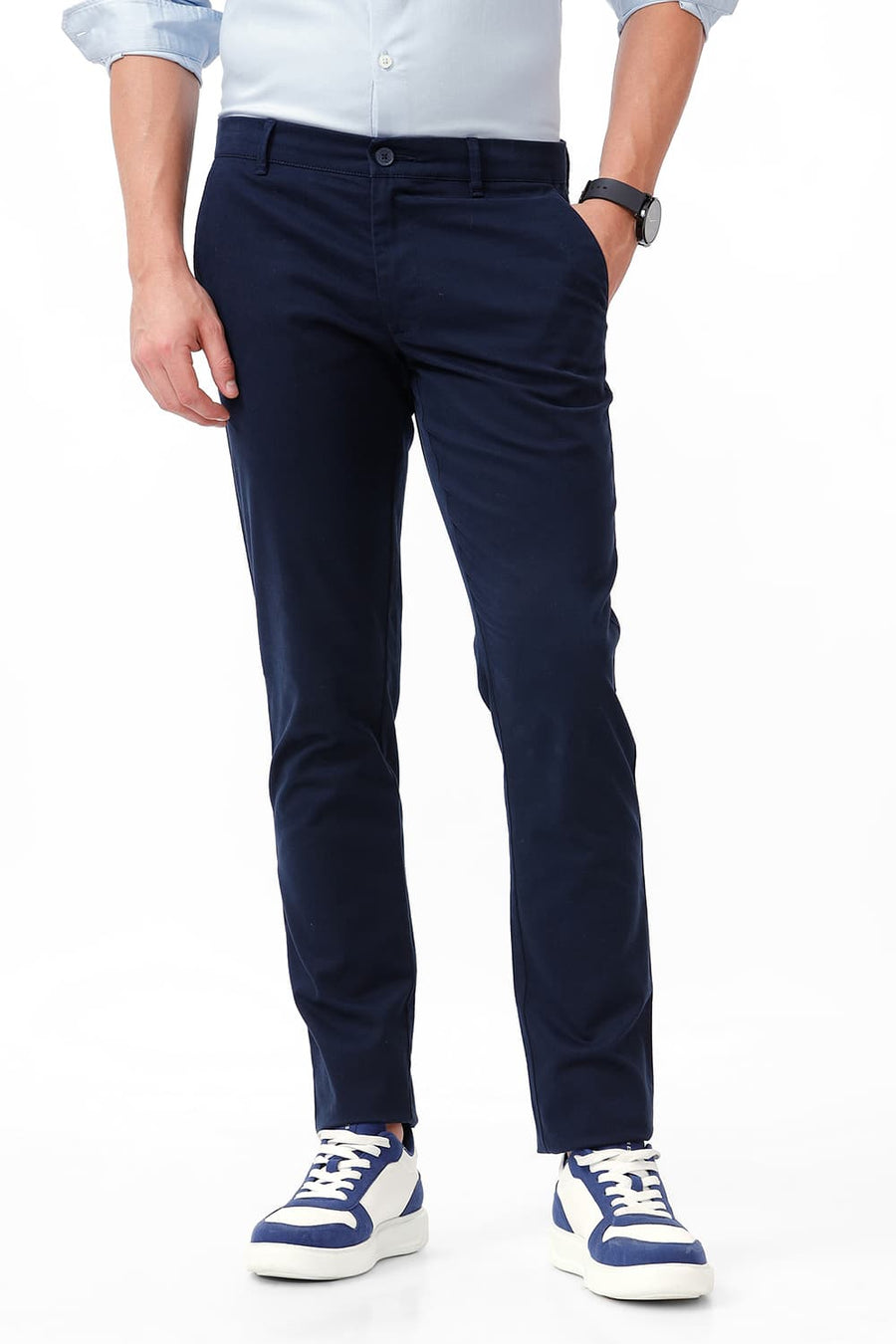 BASICS TAPERED FIT BLACK IRIS NAVY COTTON STRETCH DOBBY TROUSER