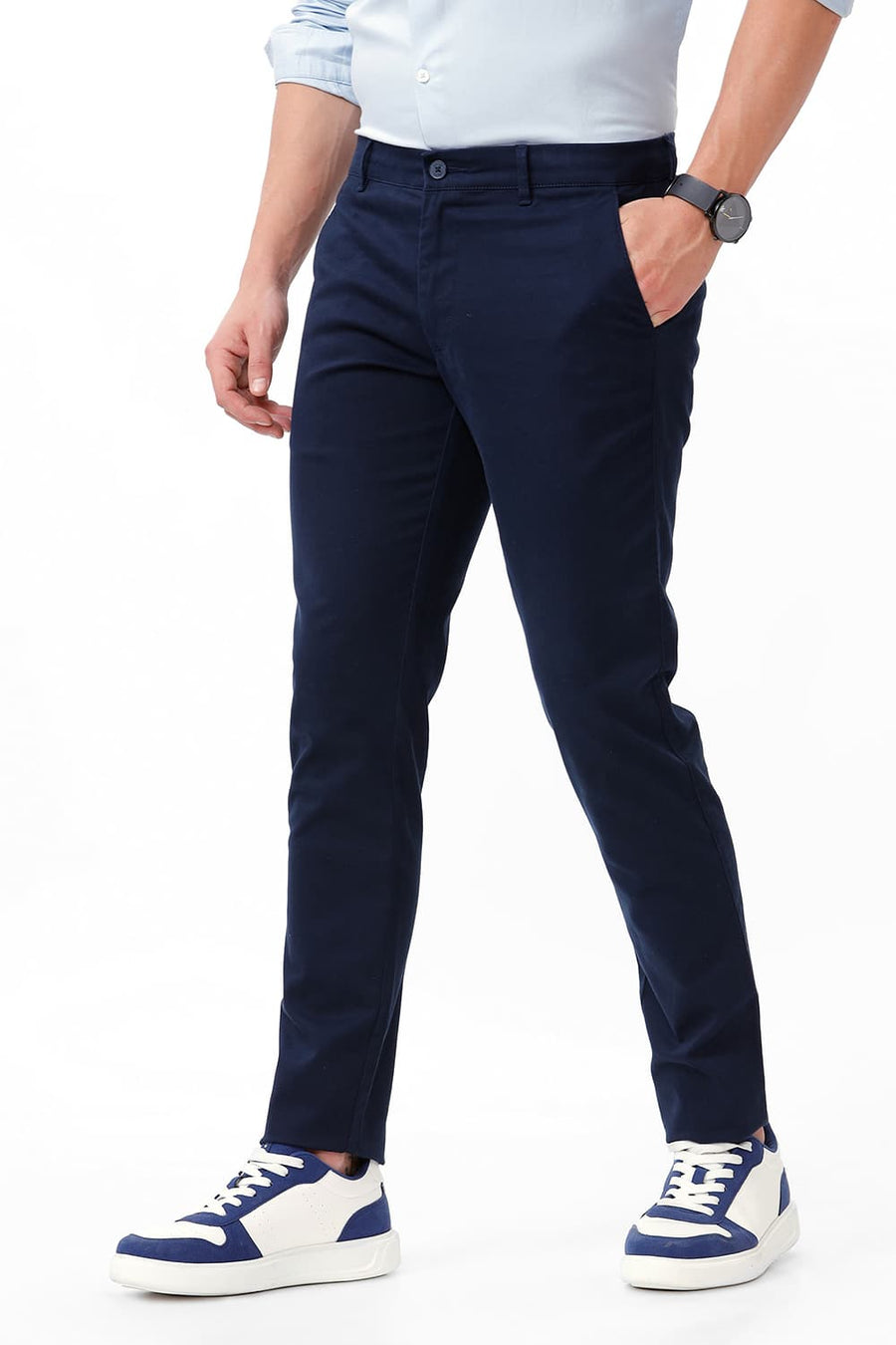 BASICS TAPERED FIT BLACK IRIS NAVY COTTON STRETCH DOBBY TROUSER