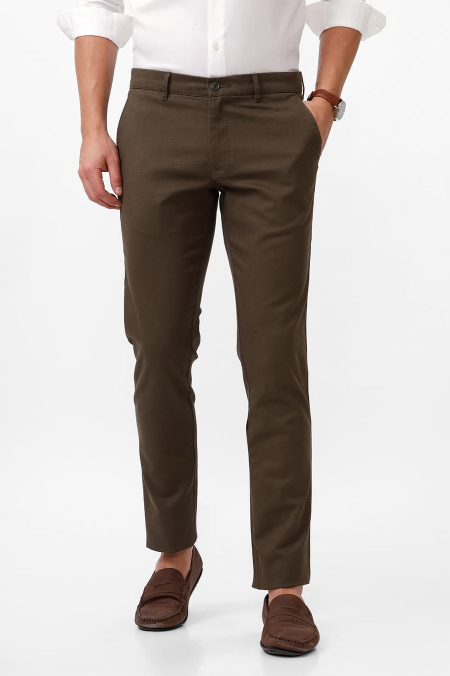BASICS TAPERED FIT FOREST NIGHT OLIVE COTTON STRETCH DOBBY TROUSER