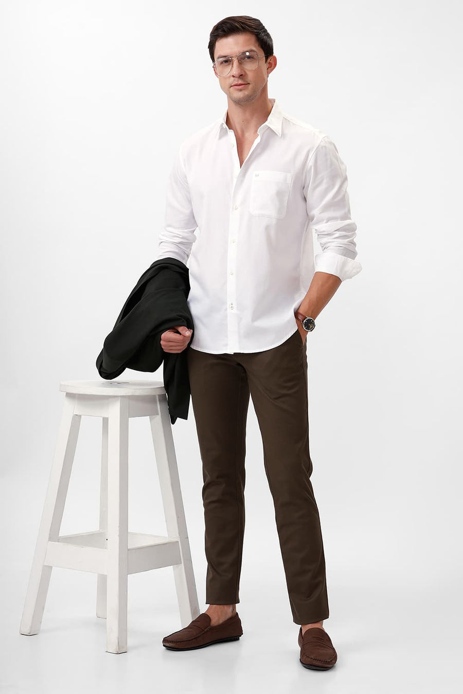 BASICS TAPERED FIT FOREST NIGHT OLIVE COTTON STRETCH DOBBY TROUSER