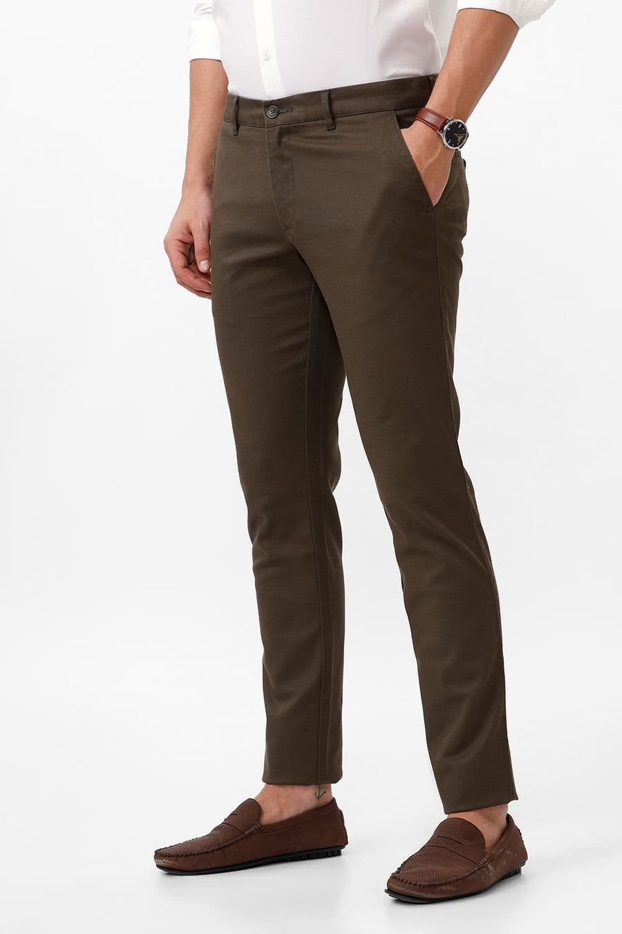 BASICS TAPERED FIT FOREST NIGHT OLIVE COTTON STRETCH DOBBY TROUSER