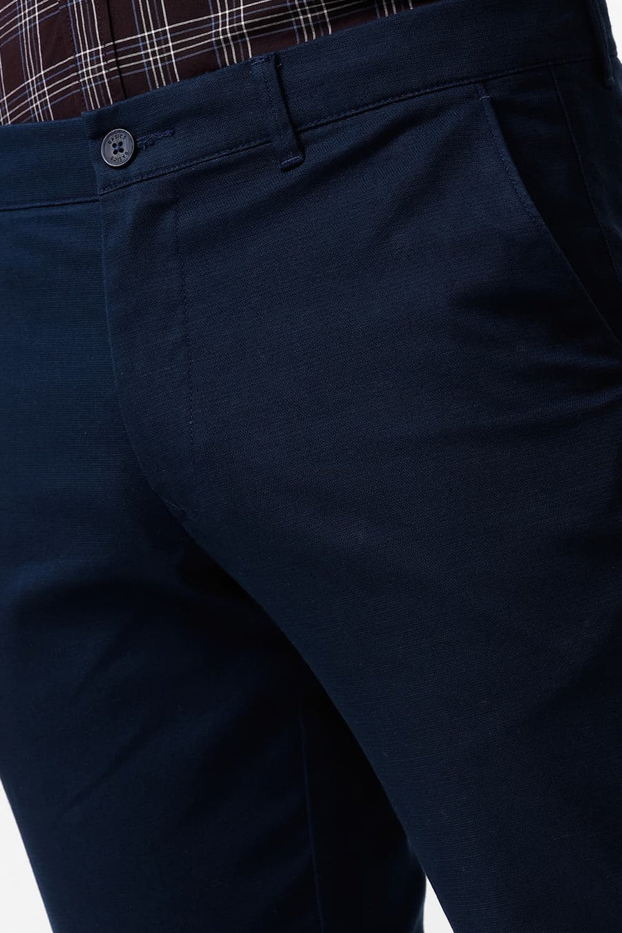 BASICS TAPERED FIT REFLECTING NAVY COTTON STRETCH DOBBY TROUSER