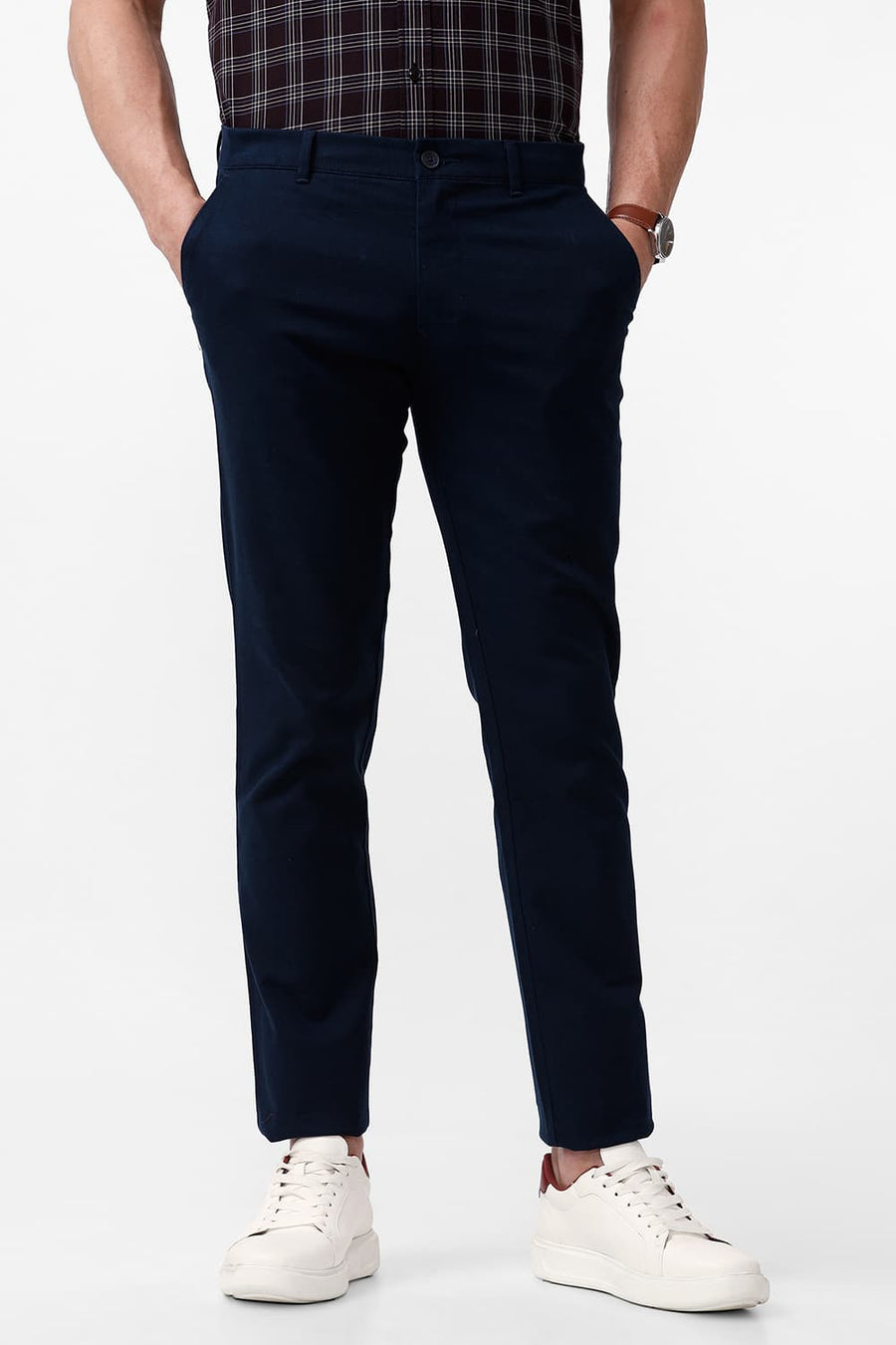 BASICS TAPERED FIT REFLECTING NAVY COTTON STRETCH DOBBY TROUSER