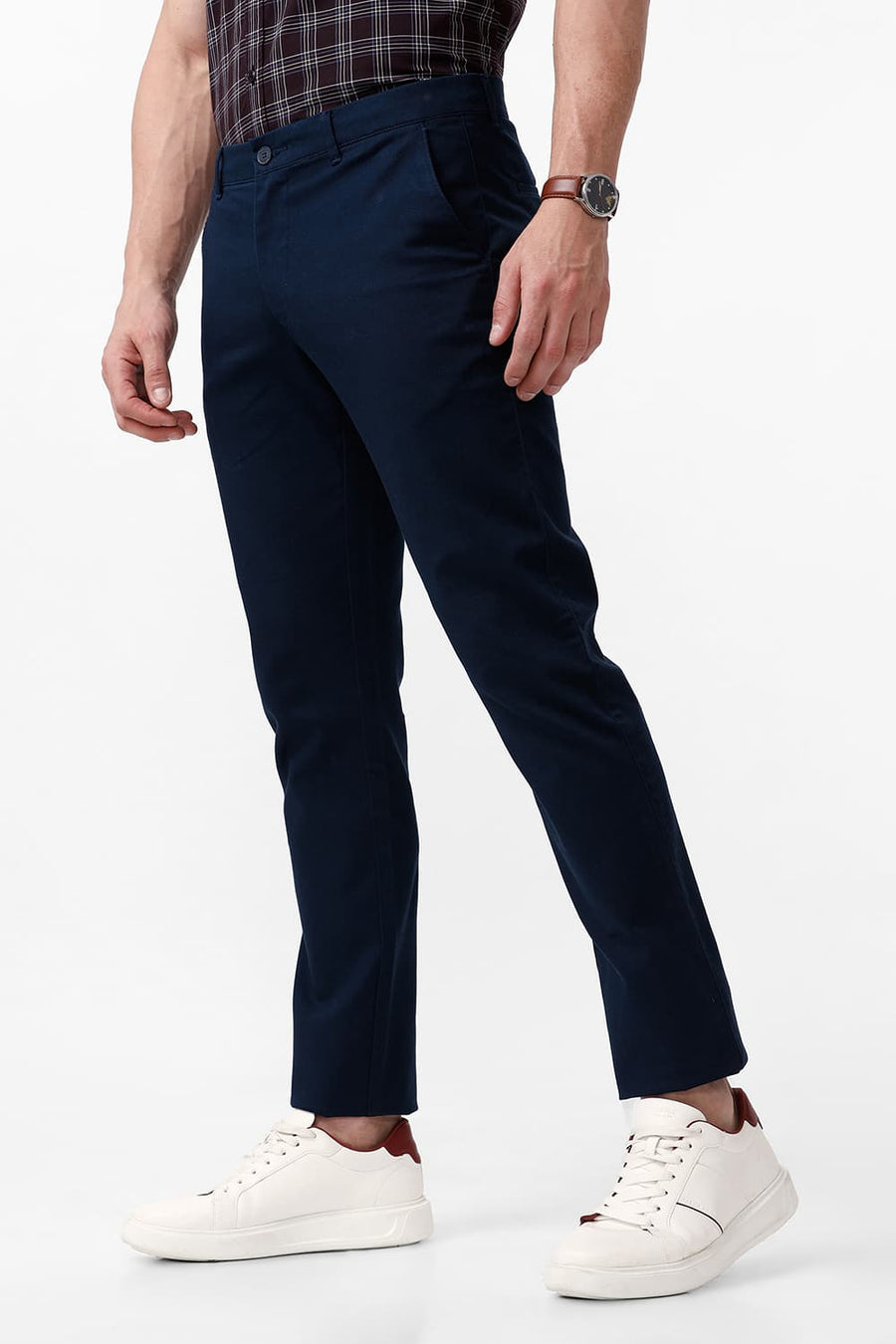 BASICS TAPERED FIT REFLECTING NAVY COTTON STRETCH DOBBY TROUSER