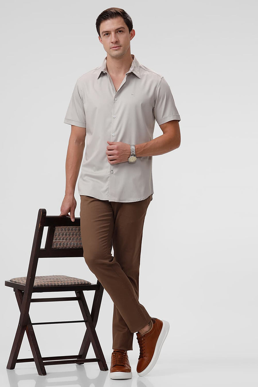 BASICS TAPERED FIT RAIN DREAM KHAKI COTTON STRETCH DOBBY TROUSER