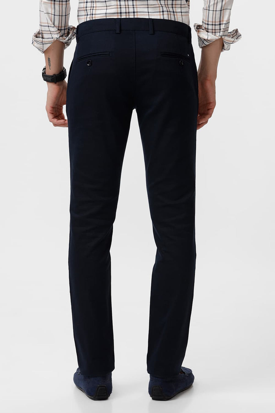BASICS TAPERED FIT DEEP SEA NAVY COTTON STRETCH DOBBY TROUSER