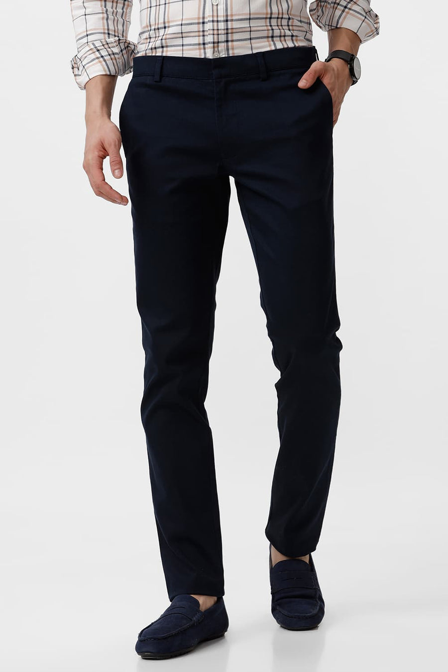 BASICS TAPERED FIT DEEP SEA NAVY COTTON STRETCH DOBBY TROUSER
