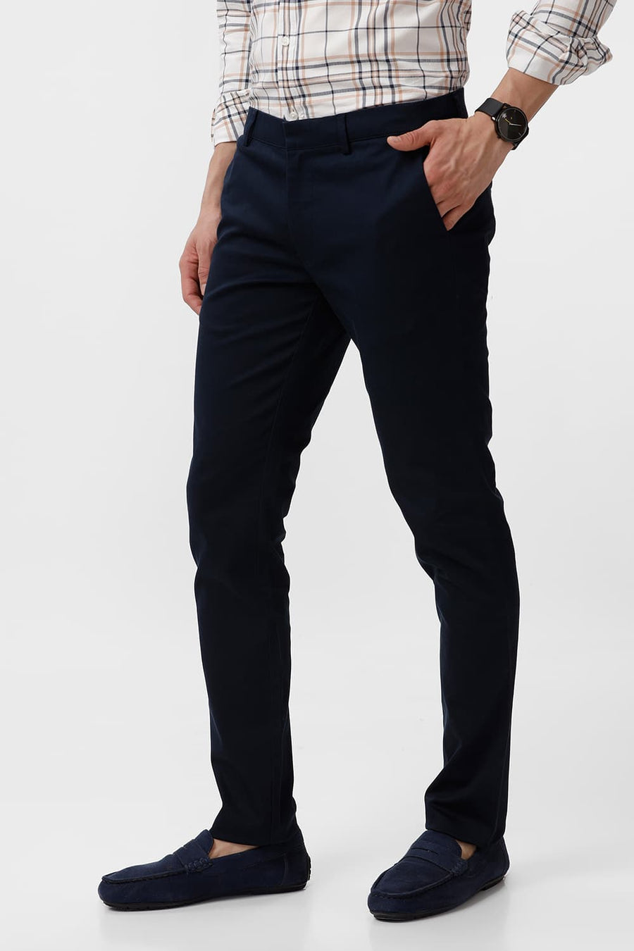 BASICS TAPERED FIT DEEP SEA NAVY COTTON STRETCH DOBBY TROUSER